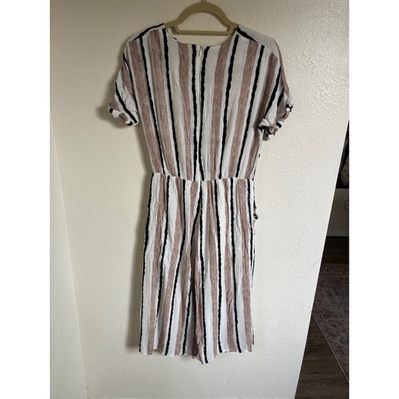 Orange Creek Jumpsuit Medium Striped White Brown Black Short Sleeve Pockets - Picture 2 of 7